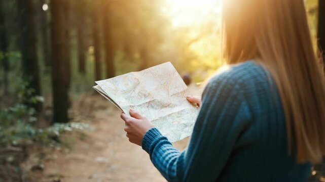 Woman holding map in sunlit forest, navigating her route