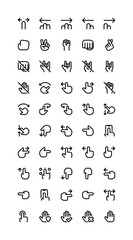Hand gesture iconography set. Various simple illustrations, including: metal hand, wave hand, swap, tap, swipe, arrow, rotate, reduce, hold, drag, heart shape, direction, way, movement, etc.