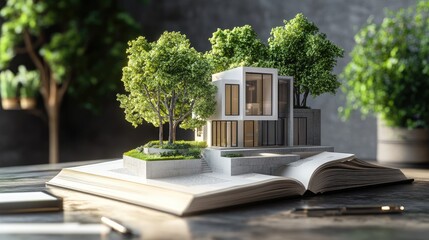 Realistic scene of a luxury townhouse floating from a hardcover book on a study desk, conceptually connecting reading and design.