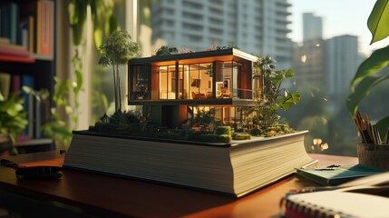 Realistic scene of a luxury townhouse floating from a hardcover book on a study desk, conceptually connecting reading and design.