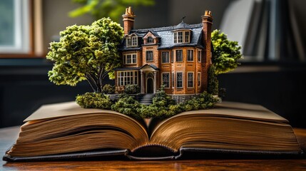 Realistic scene of a luxury townhouse floating from a hardcover book on a study desk, conceptually connecting reading and design.