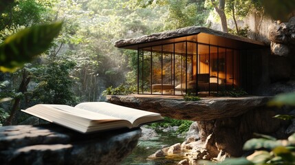 Stylish glass-walled home hovers above an old, open book placed on stone. Detailed imagery and crisp lighting enhance the floating illusion.