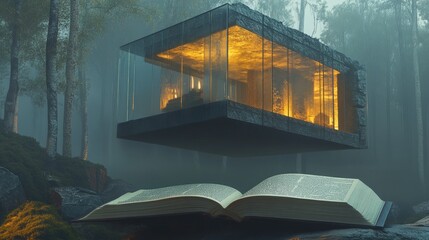 Stylish glass-walled home hovers above an old, open book placed on stone. Detailed imagery and crisp lighting enhance the floating illusion.