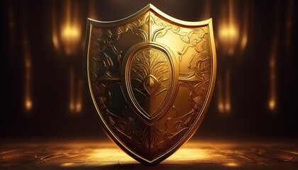 a golden shield stands on a dark surface bathed in warm light the shield symbolizes protection and security