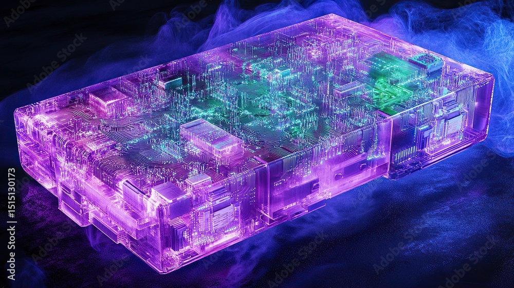 Poster a translucent multi-layer circuit board featuring interconnected violet and emerald patterns
