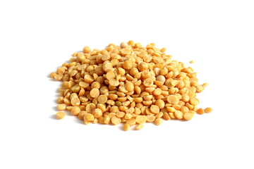 A small pile of dry yellow peas lies on a white background.