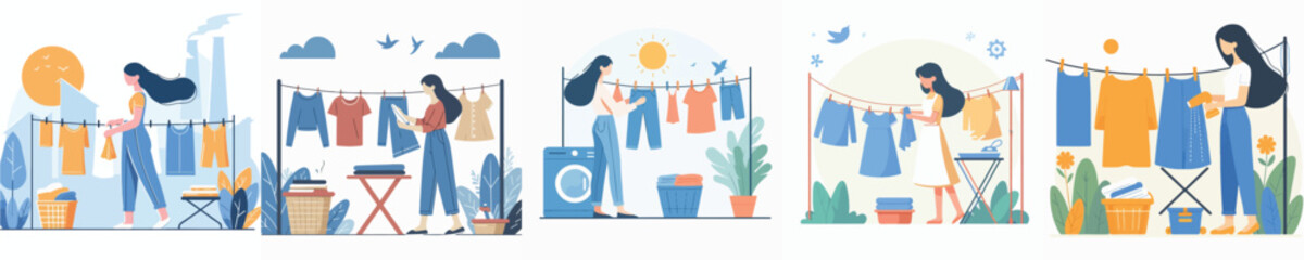 vector of a woman drying clothes