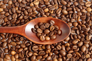 Fototapeta premium Coffee beans lie on a wooden spoon.