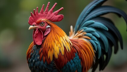 Rooster portrait with colorful feathers on a blurred green background