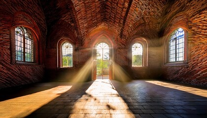 sunlight streams through arched windows in a brick building