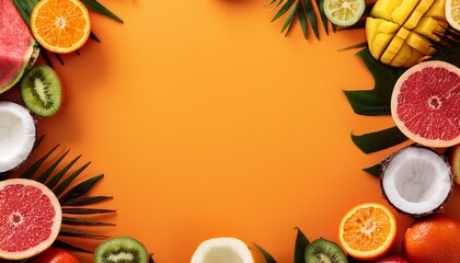 background of various tropical fruits beautifully cut in frame perfect for summer banner or backgrounds