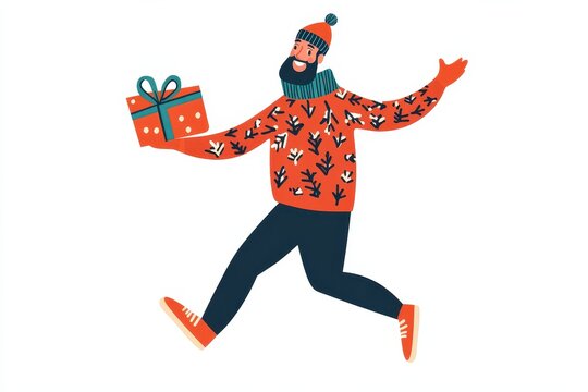 Cheerful Man in Christmas Sweater Holding Gift Wrapped Present