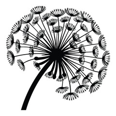 Black dandelion silhouette with seeds blowing in the wind, gently drifting through the air, symbolizing freedom, change, and the beauty of letting go.
