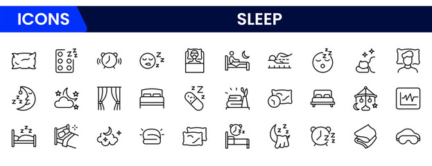 Vector illustration web line icon collection featuring sleep symbols like bed, pillow, moon, stars, alarm clock, sleep mask, and peaceful resting scenes.