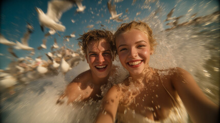 Obraz premium A joyful couple enjoying a sunny beach day together