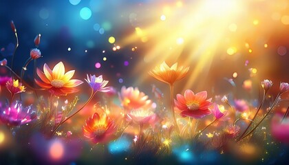 vibrant summer flowers with sunlight and sparkles greeting card design
