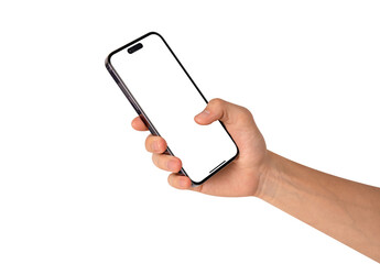 Hand showing smartphone with blank screen isolated.