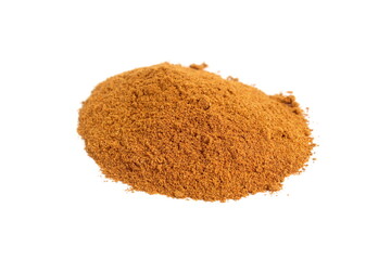A small pile of red pepper spice powder lies on a white background.