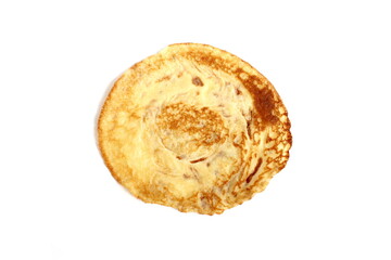  There is a thin pancake on a white background.