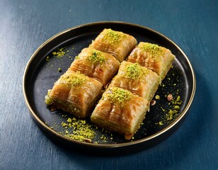 four pieces of delicious golden baklava with crushed pistachios on a dark plate