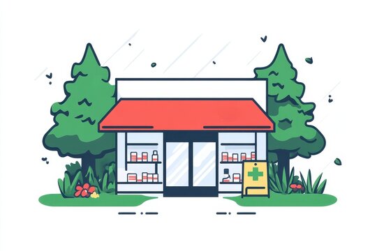 Colorful Pharmacy Illustration with Trees and Greenery in Background