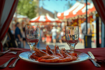 Photo of a plate with shrimp and two glasses on a table with a red tablecloth. Behind the fence are tents from the Seville fair, with people walking around them, in a blurred background.