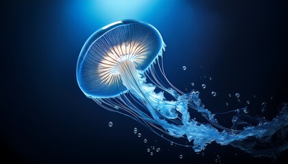 a water splash shaped like a glowing jellyfish under dark blue light