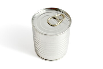 There is a closed aluminum can on a white background.	
