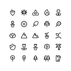 Nature iconography set. Various simple illustrations, including: acorn, cannabis, marijuana, leaf, firewood, fire, flame, camp, flower, mountain, forest, wood, lumber, plant, lotus, tree, petal, etc.