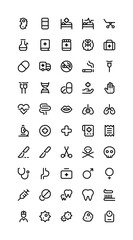Medical iconography set. Various simple illustrations, including: capsule, drugs, ambulance, stretcher, bed, hospital, syringe, tooth, dentist, doctor, crutches, lungs, microscope, heart, activity