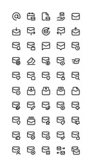 Mail iconography set. Various simple illustrations, including: email, package, note, delivery, disposable, work email, etc.