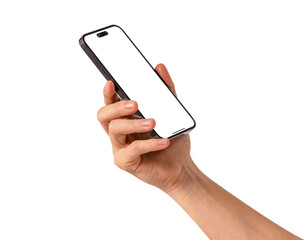 Hand showing smartphone with blank screen isolated. 