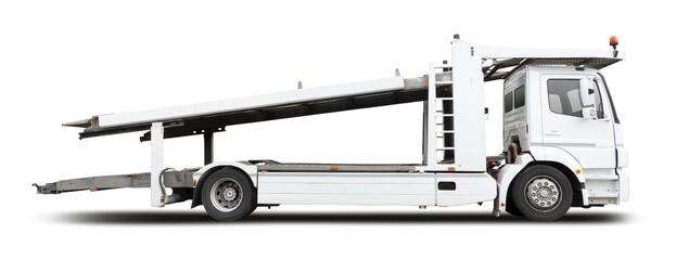 Empty car carrier truck side view isolated on transparent background. PNG