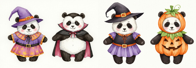 Adorable Pandas Halloween Costumes Clipart - Four cute pandas dressed in Halloween costumes: witch, vampire, witch, and pumpkin. Perfect for autumn, fall, October