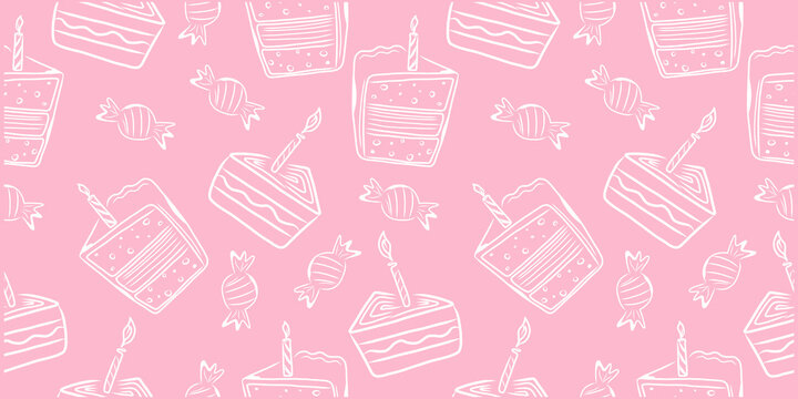 Handdrawn seamless pattern with birthday cakes. Doodle vector design.