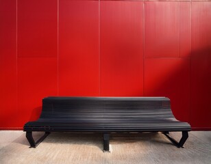a striking black bench contrasts prominently against a bright red wall showcasing minimalist design aesthetics