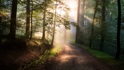Fototapeta premium misty forest path sunlight dappled nature tranquility background design