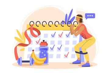 Woman exercising in front of calendar with check marks, fitness gear, and healthy food, flat graphic style on white background. Concept of wellness goals. Vector illustration