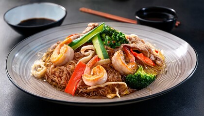 stir fried glass noodles with chicken pork crispy pickled squid shrimp and vegetables served with sukiyaki sauce