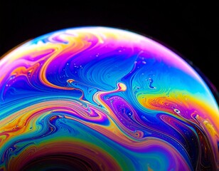 Iridescent dreamscape: Vivid colors swirl across the surface of a soap bubble, creating a mesmerizing and abstract dreamscape with a dark backdrop.