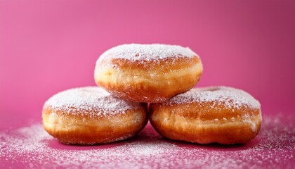 donuts with icing sugar on a pink background