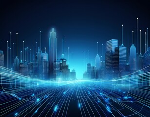 smart city with digital wire waves business theme simple blue