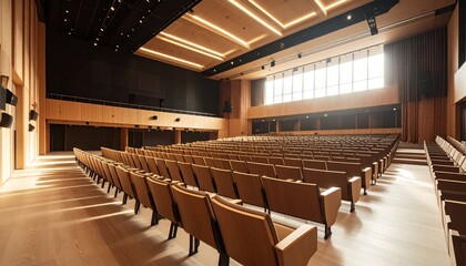 Modern Auditorium Interior Design Spacious Light Wood Seating Rows.