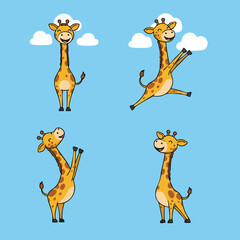 Naklejka premium Cartoon giraffe characters in various playful poses on blue background vector illustration 