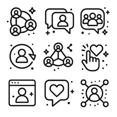 Social media icons featuring black and white line icons of people and connections. Ideal for website design and digital marketing.