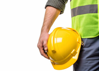 Construction worker’s hand holding safety helmet strap isolated on a transparent background.