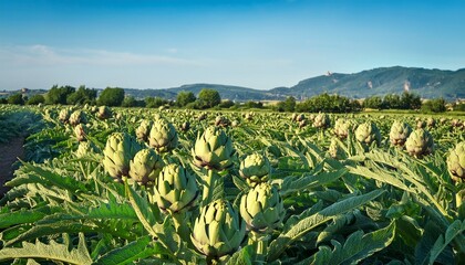 field of artichokes with large prickly leaves and tender buds vegetables artichoke field picking season