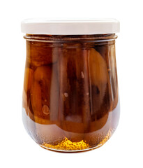 side view of closed glass jar with eggplant jam