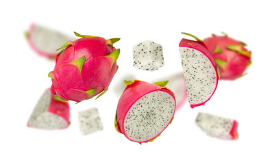 Falling Dragon fruit, Pitaya cutout, full depth of field.