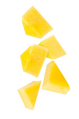 Falling Yellow Mango slices, cutout, full depth of field.